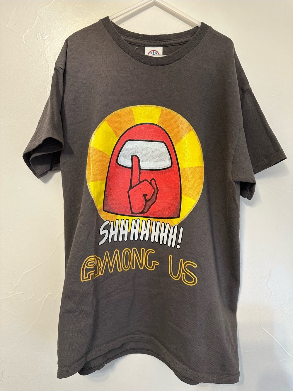 Delta Gray Tee with Red Among Us Character-Yellow & Orange Sunburst Graphic